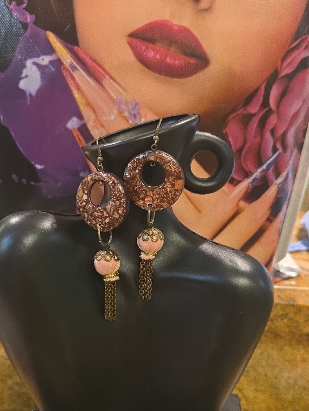 Boho Brown Resin Disk Tassel Earrings [1379]